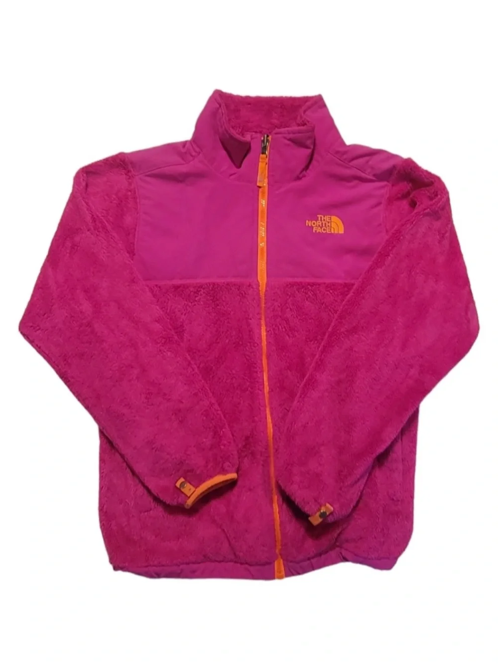 The North Face Plush Fleece Jacket in Hot Pink with Orange Trim